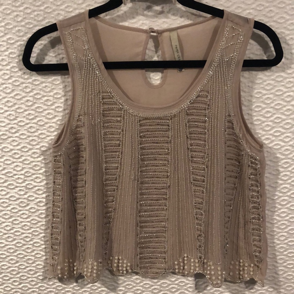 Elegant Beaded Sleeveless Tan Top Size Small